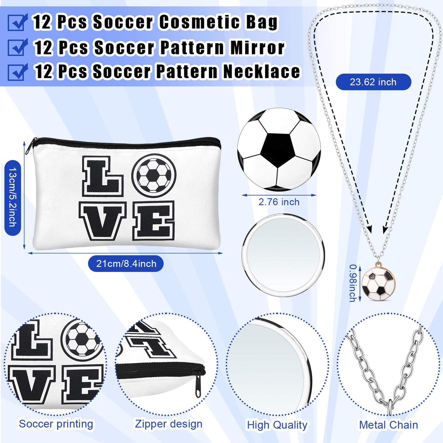Yeyeplum 72 Pcs Soccer Team Gifts Party Favors Include 12 Makeup Bags 12 Lip Balm 12 Lip Balm Holder 12 Necklace 12 Adjustable Bracelet 12 Mirrors for Soccer Lovers Players Party Supplies