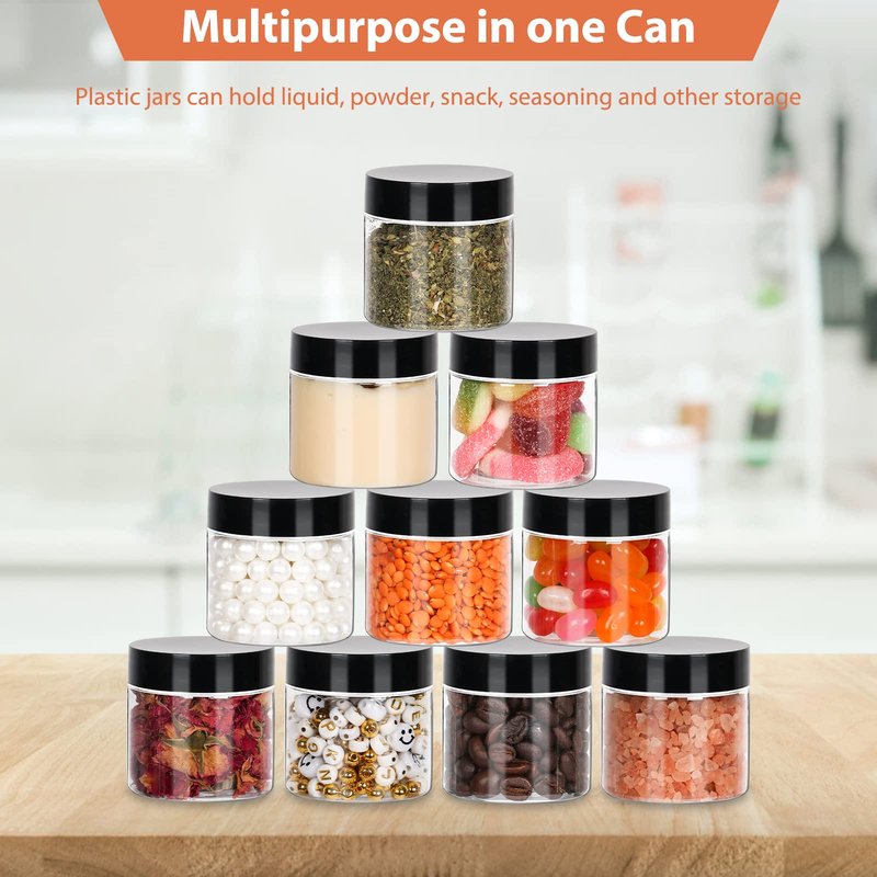 Betrome 50pcs 2 oz Clear Plastic Round Jars with Black Lids, 2oz 60ml Leak-Proof Wide-Mouth Cosmetic Storage Containers for Kitchen Use, Beauty Products, Cream, Scrubs, Bath Salt and More