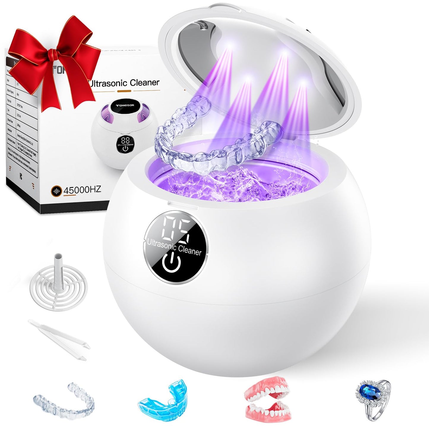 Ultrasonic Retainer Cleaner Machine,45kHz Ultrasonic Cleaner,360°Cleaning for Dentures,Aligner,Mouth Guard,Jewelry,Braces,Toothbrush Heads with 200 ML Dental Cleaning Pod, 3 Modes,White