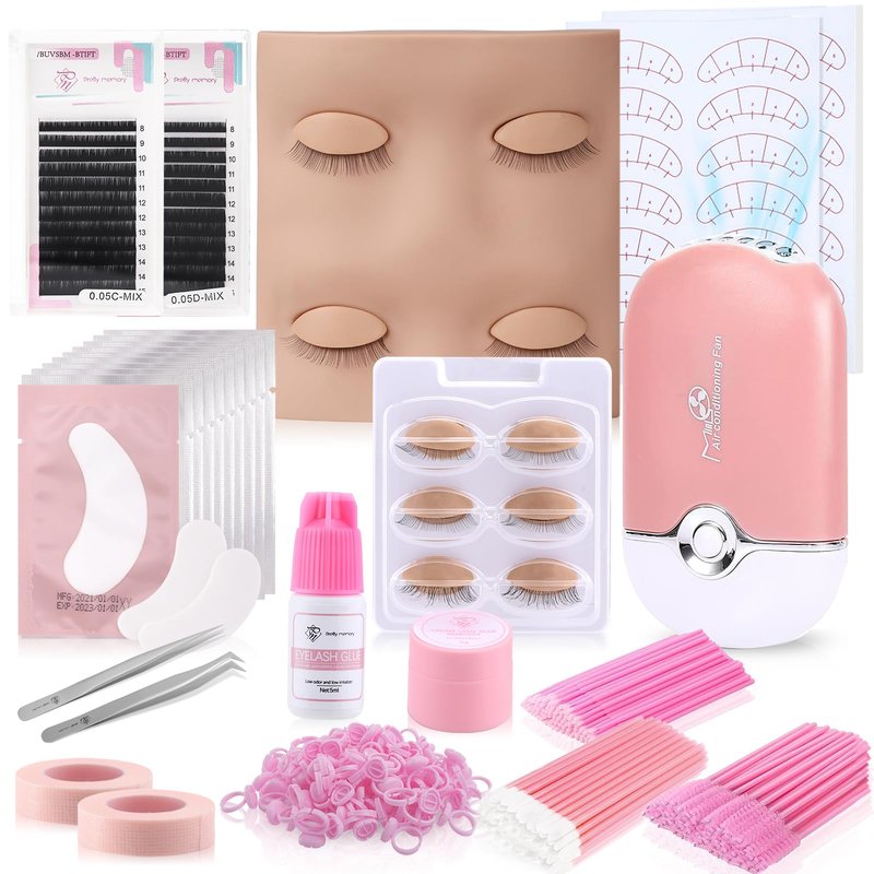Pretty memory 225 PCS Eyelash Extension Kit with Mannequin Head, Mini Fan, Eyelash Glue and Remover Cream, Tweezers, Lash Extension Supplies for Practice and Training