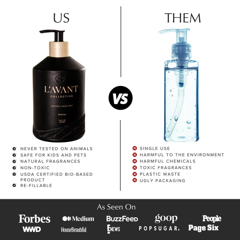 L'AVANT Collective Natural Luxury Hand Soap | Plant-Based, Non-Toxic & Moisturizing, Safe for Kids & Pets, Refillable Glass Bottle with Pump, 16 Fl Oz, Bathroom & Kitchen | Fresh Linen
