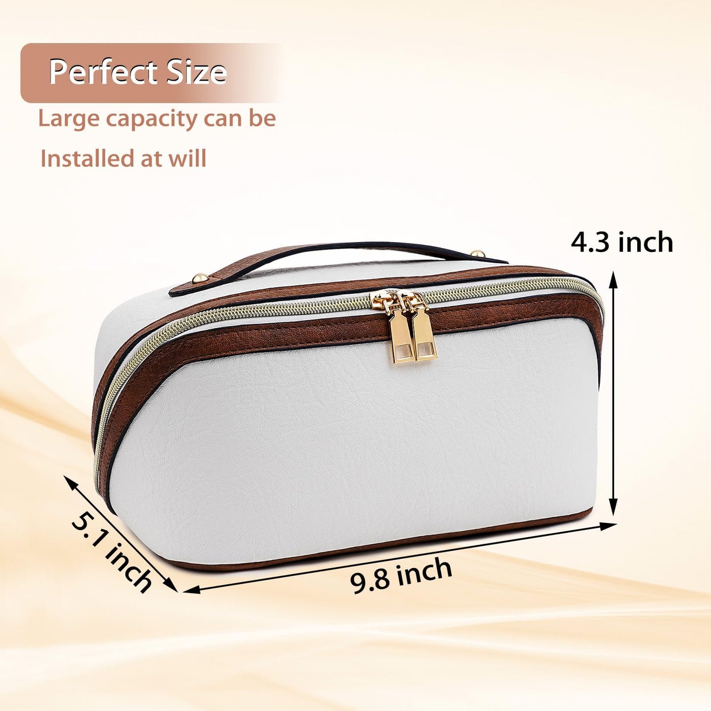 Sprfragrance Stylish Makeup Bag Organizer Travel Case for Women Cosmetic Bag for Toiletries and Makeup Waterproof Leather Cosmetic Bag Perfect Fit Home or on the Go (B-White/Brown)