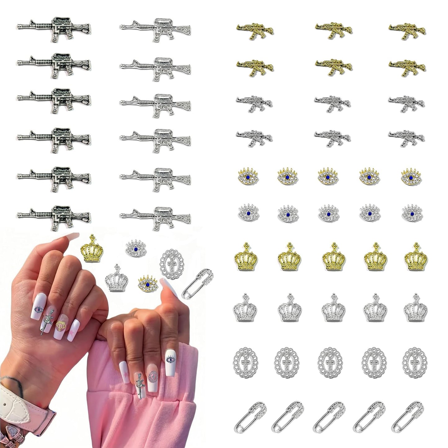 60 Pcs Durable Metal Alloy Charms for Guns, Crowns, Safety Pins - Diverse Styles with Gold, Silver & Rhinestone Details, Perfect for Christmas Gifts Nail Art Decorations