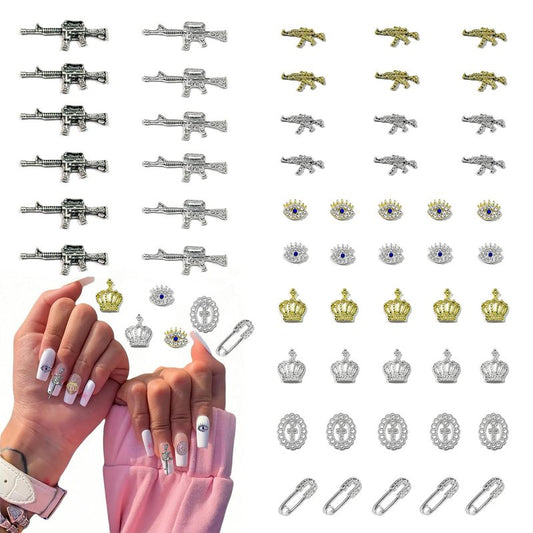 60 Pcs Durable Metal Alloy Charms for Guns, Crowns, Safety Pins - Diverse Styles with Gold, Silver & Rhinestone Details, Perfect for Christmas Gifts Nail Art Decorations