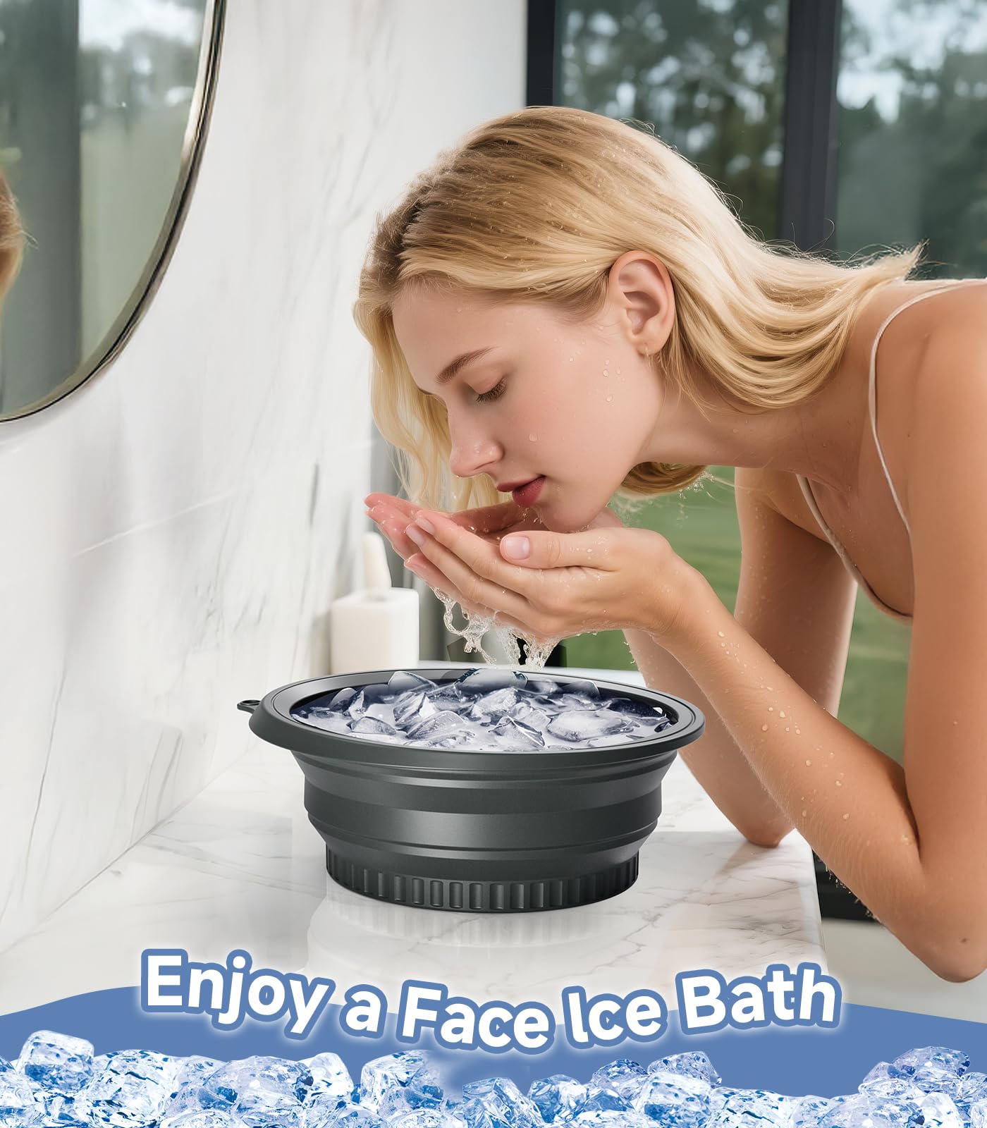 Face Bowl for Ice with Built-in Ice Tray – Collapsible Silicone Facial Ice Bath Bowl for Cold Plunge Therapy, Skin Tightening & Acne Relief – Portable Spa Tool for Home & Travel(Black)