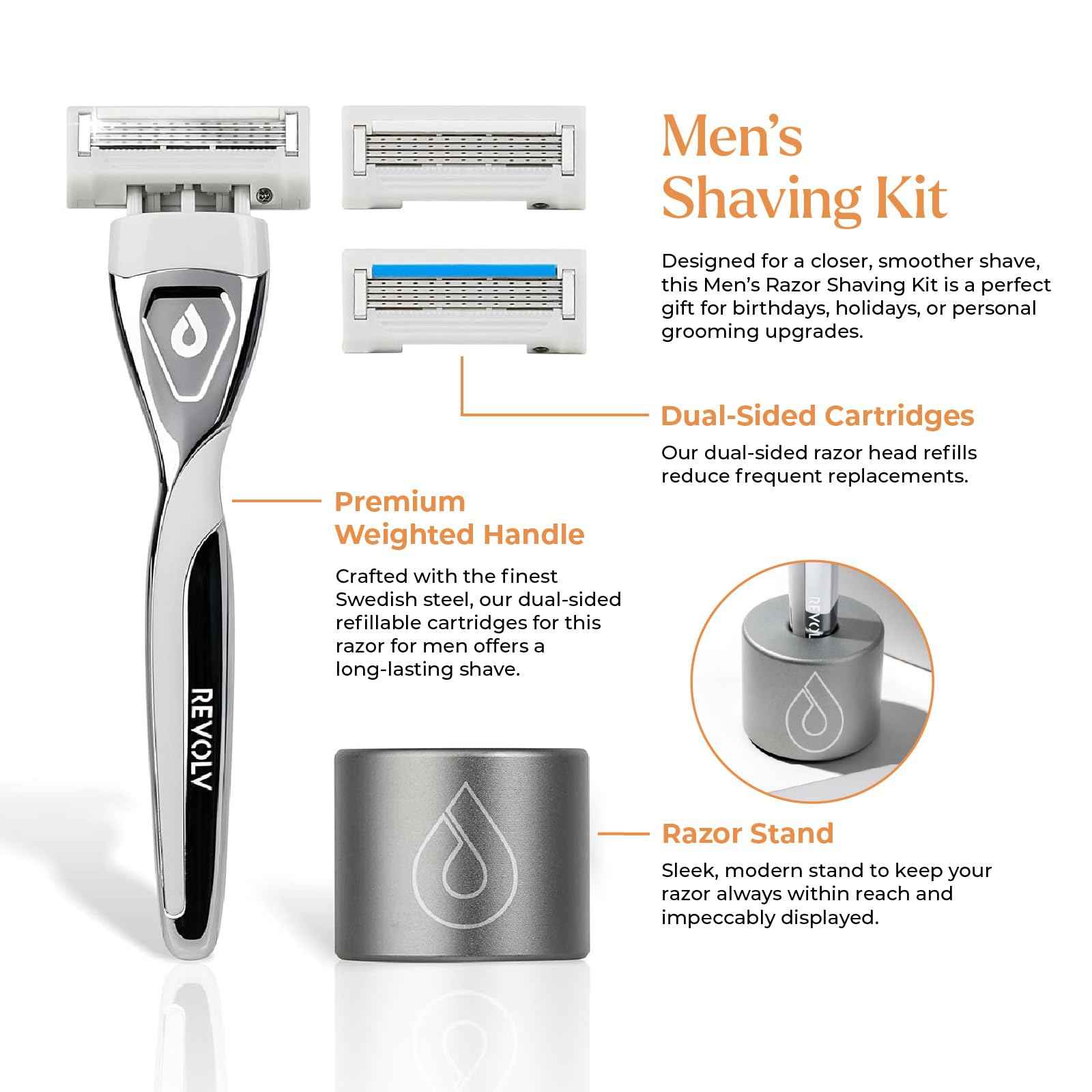 REVOLV - Men’s Razor - 1 Premium Weighted Handle + 1 Dual-Sided Cartridge + 1 Stand - For a Closer, Smoother Shave - Safe on Sensitive Skin - Grey