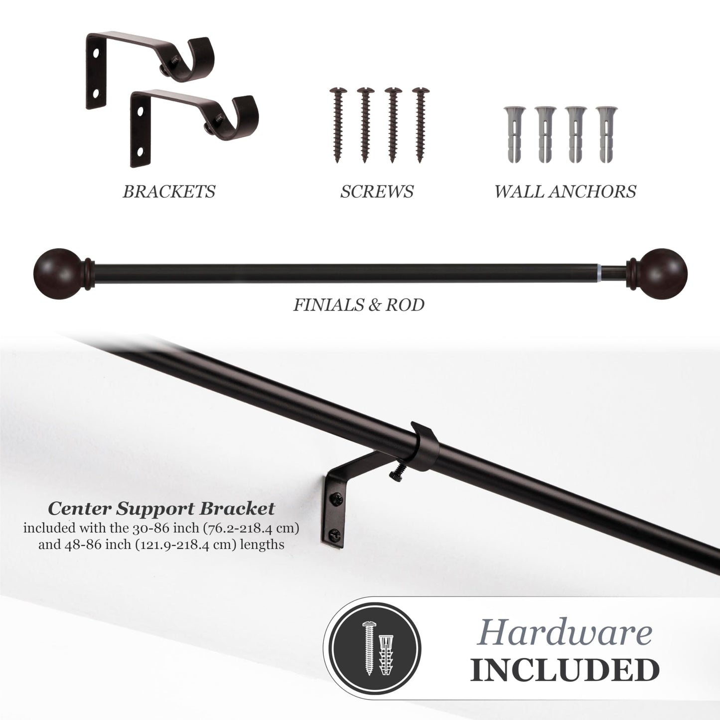 Kenney Chelsea Ball End Window Curtain Rod, Adjustable 48 to 86 Inch Extendable Rod Set, Weathered Brown