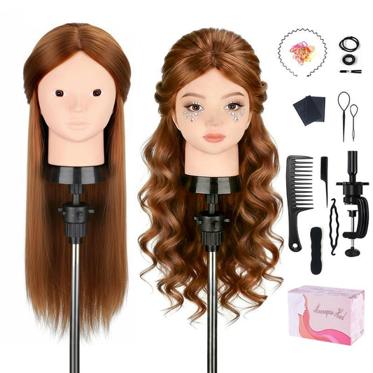 Mannequin Head with 80% Human Hair, TopDirect 24" Brown Real Hair Cosmetology Mannequin Head Hair Styling Hairdressing Practice Training Doll Heads with Clamp Holder and Tools