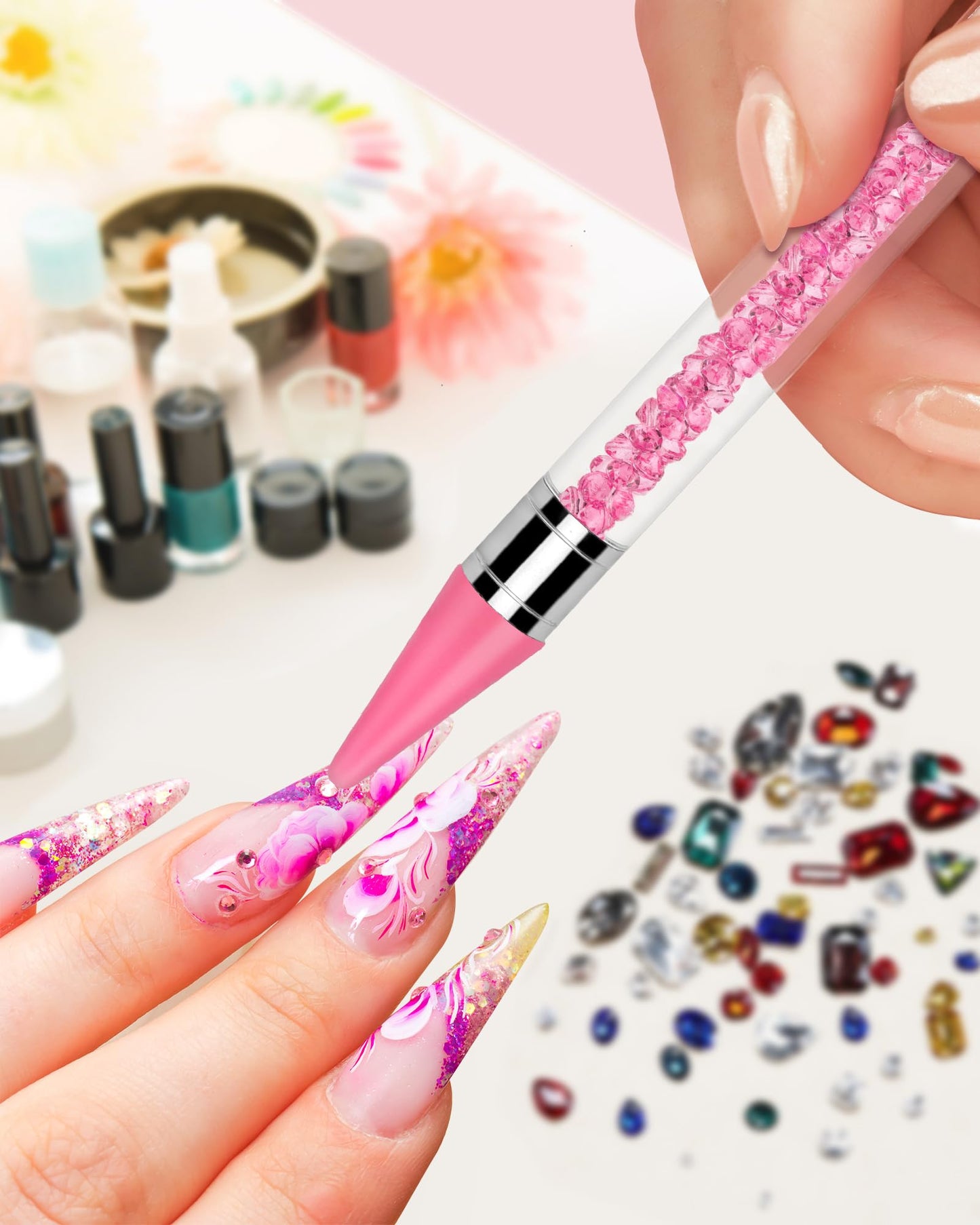 Rhinestone Picker Tool, Wax Pencil for Rhinestones Tool, Dual-ended Nail Bedazzling Tools With 4 Extra Pink Replaceable Wax Head and 1 Tweezer (Pink B)