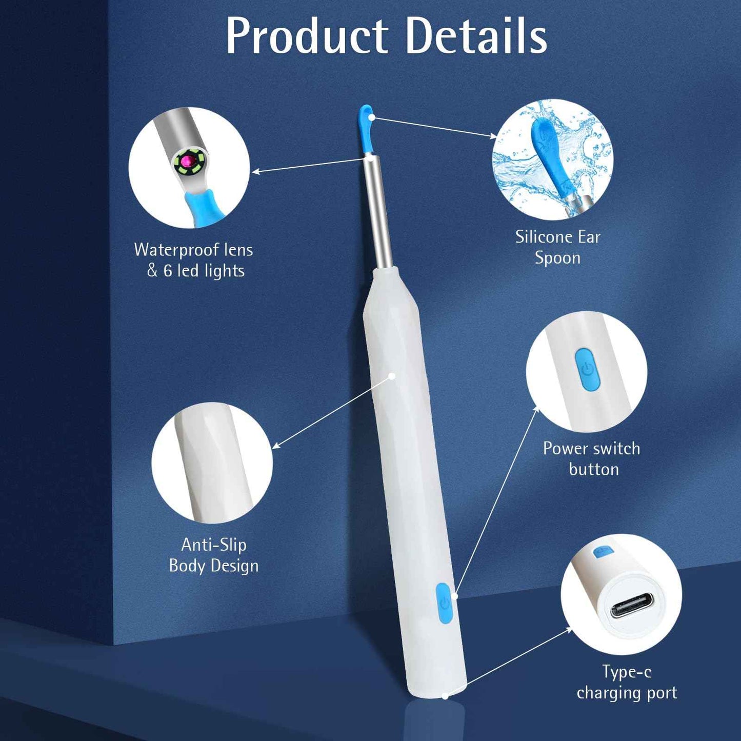 Ear Wax Removal, Ear Wax Removal Tool Camera with 1440P, Ear Cleaner with Camera and 7 Pcs Ear Set, Earwax Removal Kit with 6 Led Lights for iPhone, IPad, Android Phones (White)