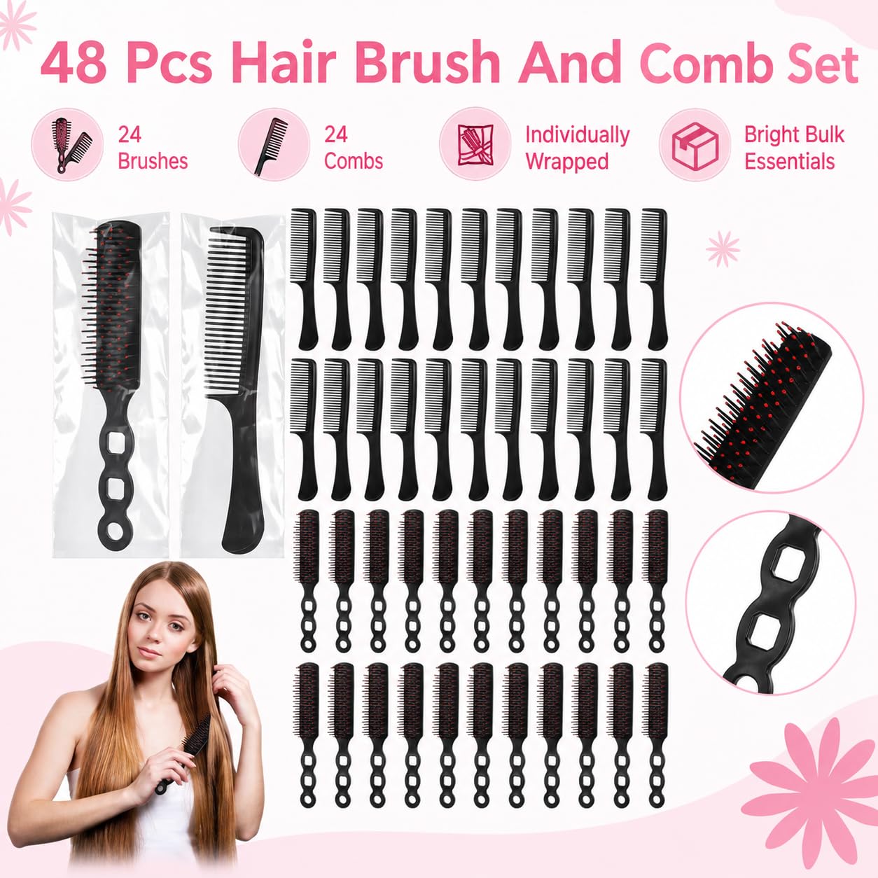 Hair Brushes, 48 Pcs Bulk Hair Brushes and Combs for Homeless Individually Wrapped Hairbrushes, Massaging Smoothing Comb Brushes