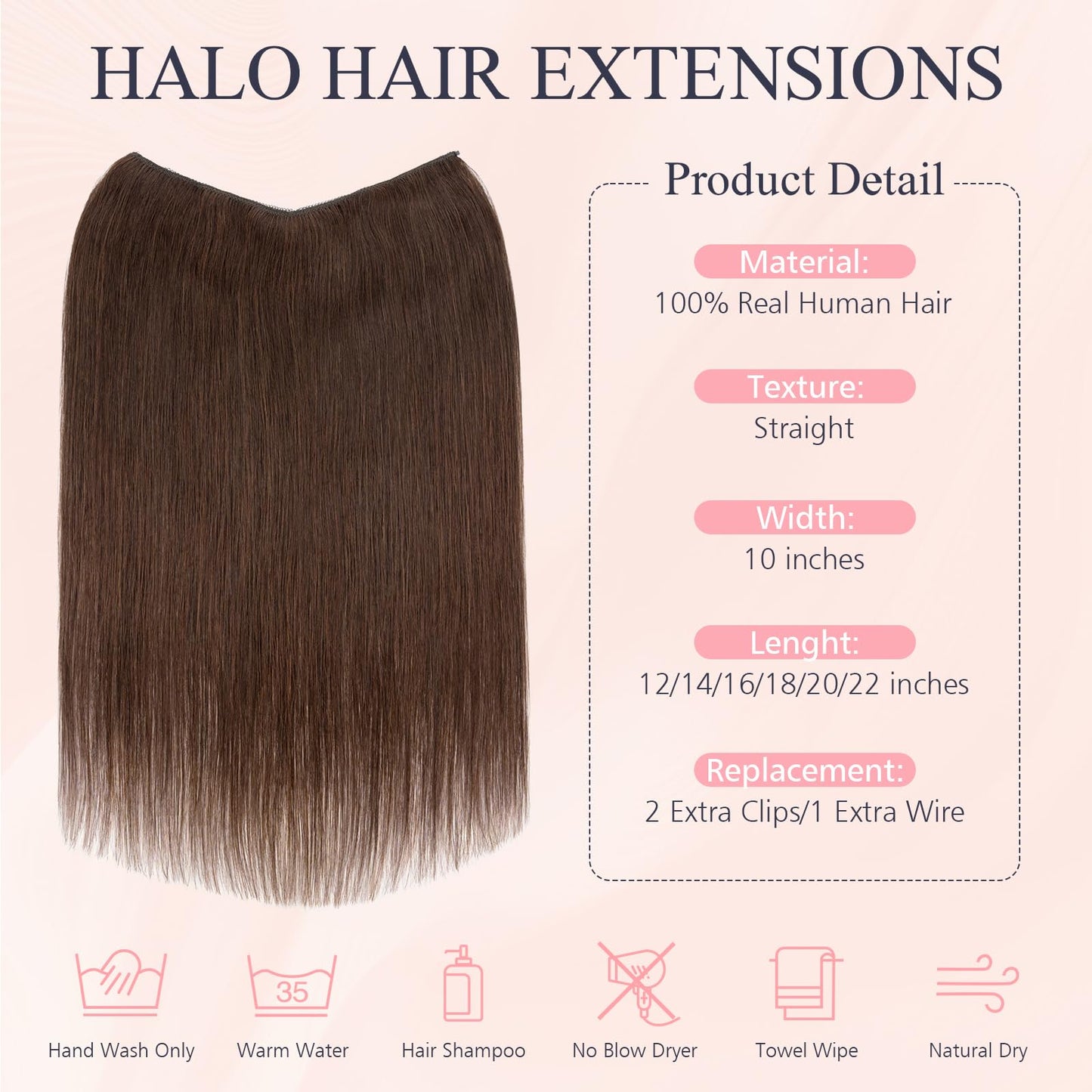 TESS Halo Hair Extensions Real Human Hair Remy Hair 12 Inch Straight Adjustable Invisible Wire Easy to Use Clip in, Dark Brown