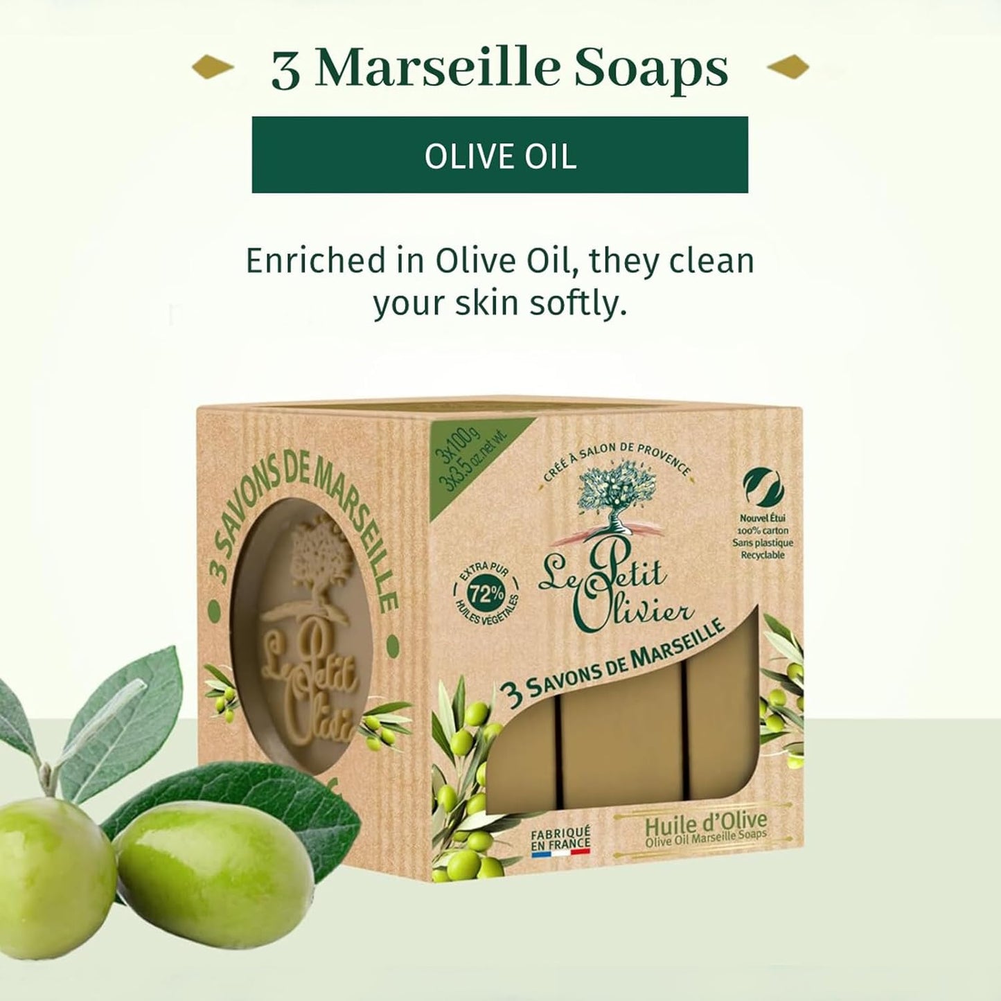 Le Petit Olivier Olive Oil Marseille Soap - Enriched with Natural Extracts | 3 x 3.5 oz - Gentle & Cruelty-Free