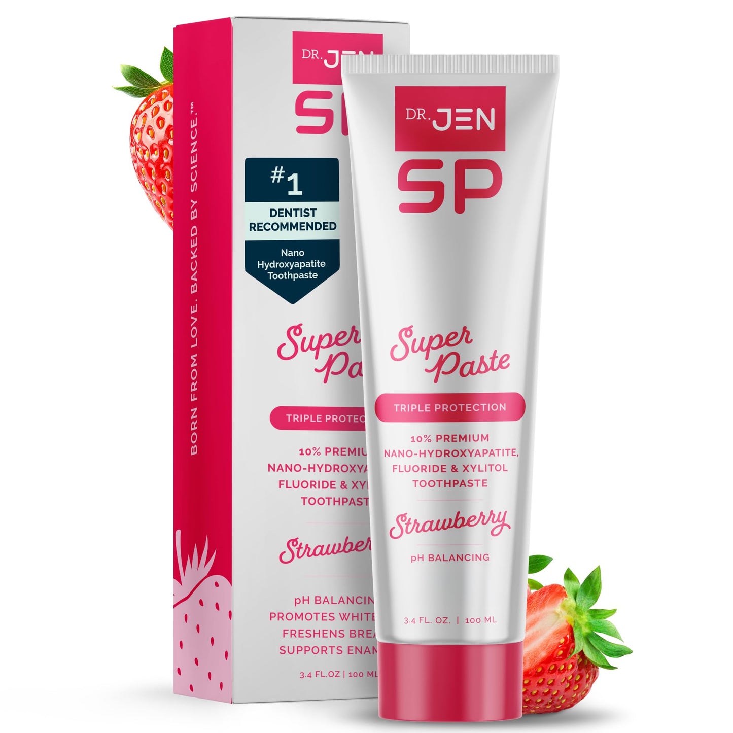 Dr. Jen Super Paste Toothpaste with Fluoride + 10% Premium Nano Hydroxyapatite, Xylitol, Strawberry, SLS Free, Vegan, Dentist Designed, Essential Oils, Fresh Clean Feel, 1 Pack