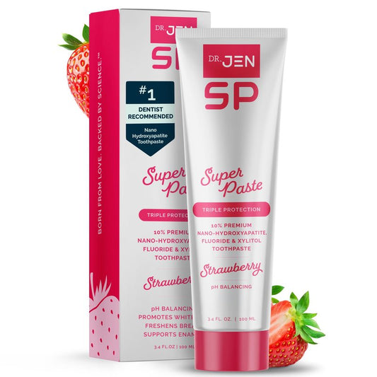 Dr. Jen Super Paste Toothpaste with Fluoride + 10% Premium Nano Hydroxyapatite, Xylitol, Strawberry, SLS Free, Vegan, Dentist Designed, Essential Oils, Fresh Clean Feel, 1 Pack