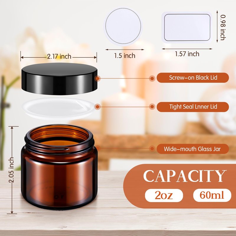 Layhit 24 Pcs 2 oz Glass Jars with Lids Bulk, Small Jars Containers Travel Storage Jar with Inner Liners Labels for Lotions, Cream, Lip Balm (Amber,Black Lid)