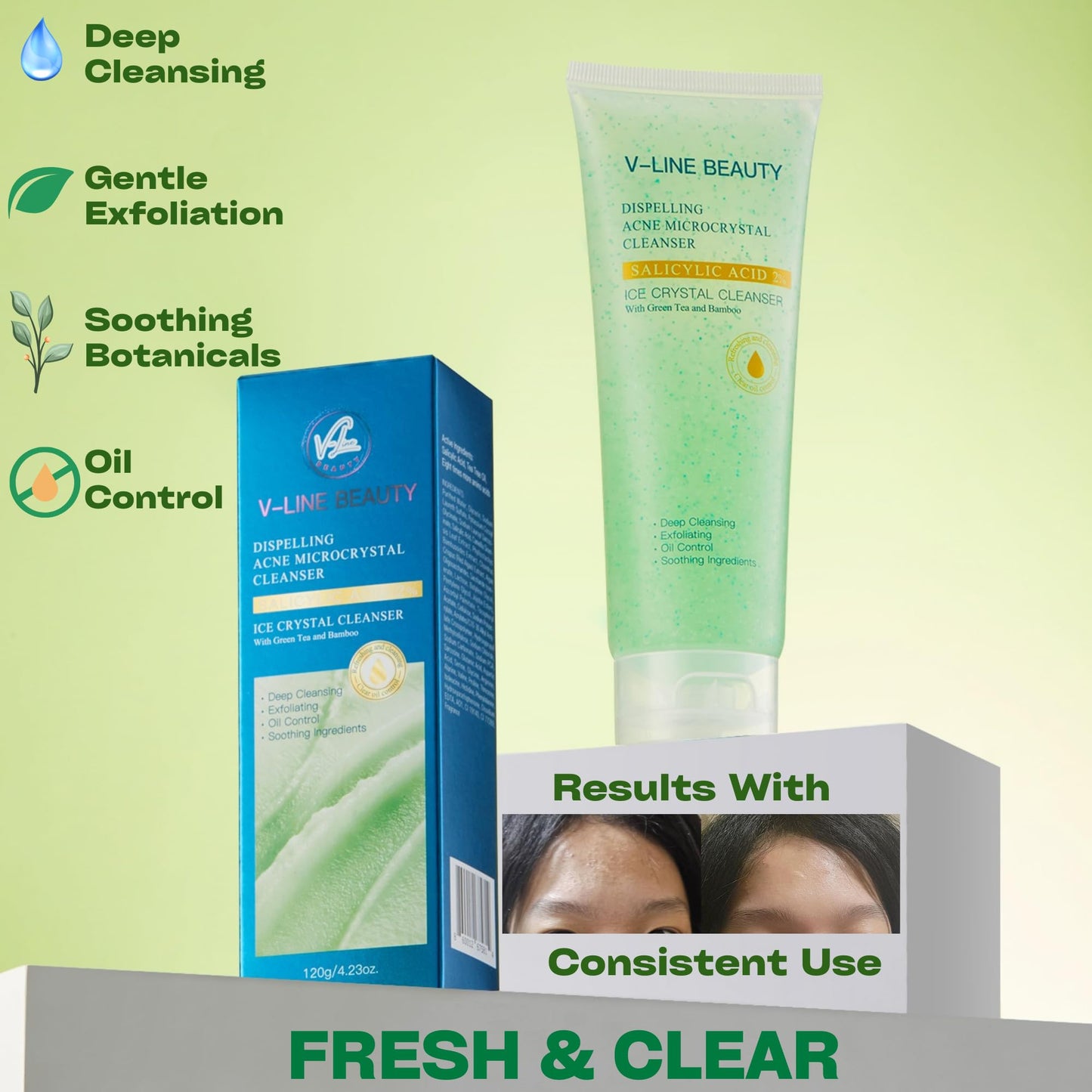 V-Line Beauty Microcrystal Gentle Cleansing Facial Gel Scrub for Oily Skin, 2% BHA + Glycerin + Green Tea + Bamboo, Soothing, Hydrating and Help Clear, Suitable for Sensitive Skin