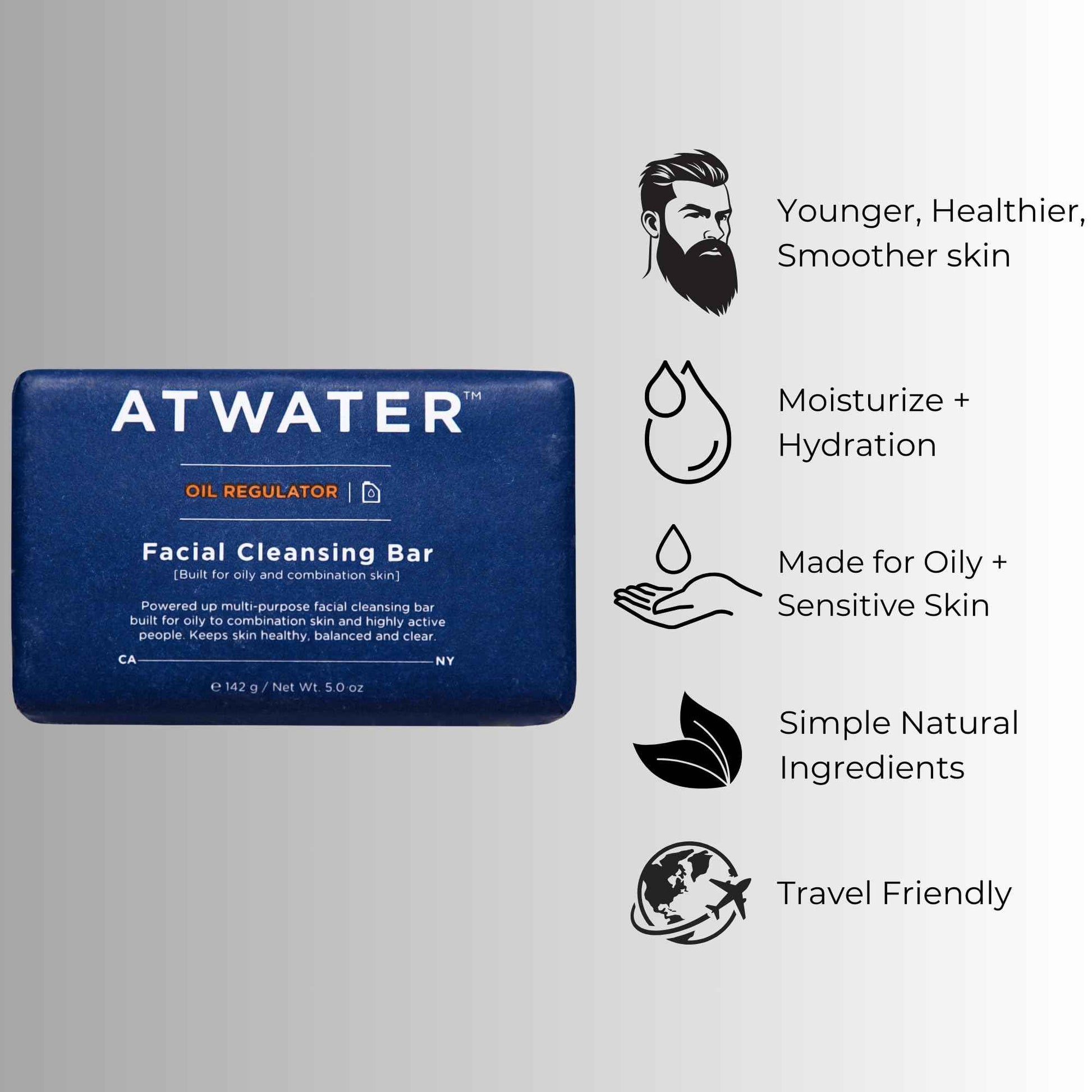 ATWATER Oil Regulator Charcoal Facial Cleansing Bar for Oily to Combination Skin, Sulfate-Free Rich Lathering Face Wash with Charcoal and Coconut - 5 oz