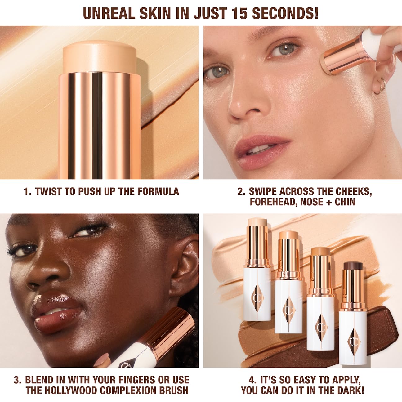 Charlotte Tilbury Unreal Skin Tint & Sheer Glow Hydrating Foundation Stick - Cream Foundation Makeup with Sheer-to-Light Coverage & a Buildable Formula - Blurring, Smoothing & Nourishing - 16 Deep