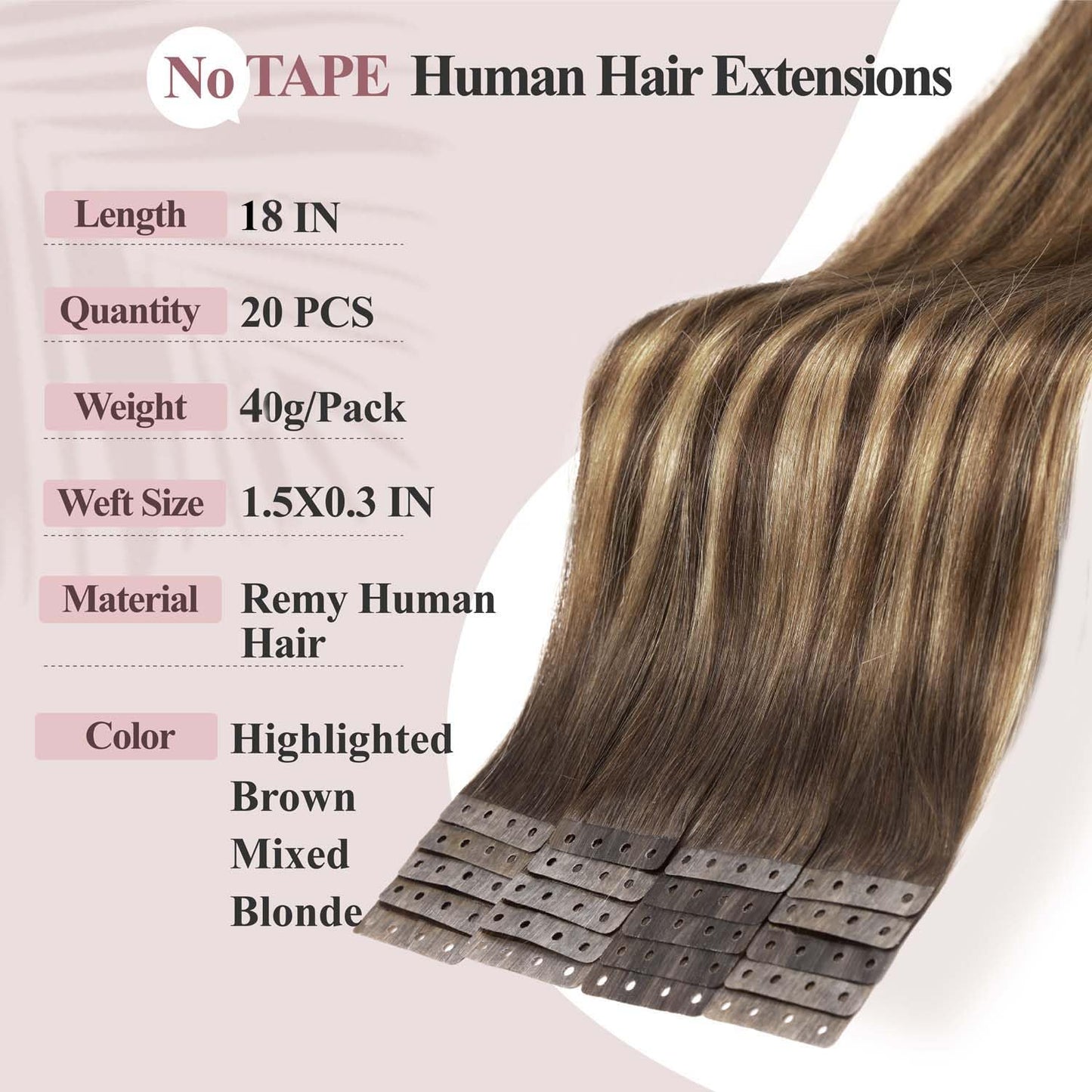 WIGER No Glue No Clips Highlighted Brown Straight Human Hair Extensions Ombre Brown Mixed Blonde Micro Bead Extensions Insert Skin Weft 18 In Balayage Remy Hair Extensions(40g, 20 Pcs)