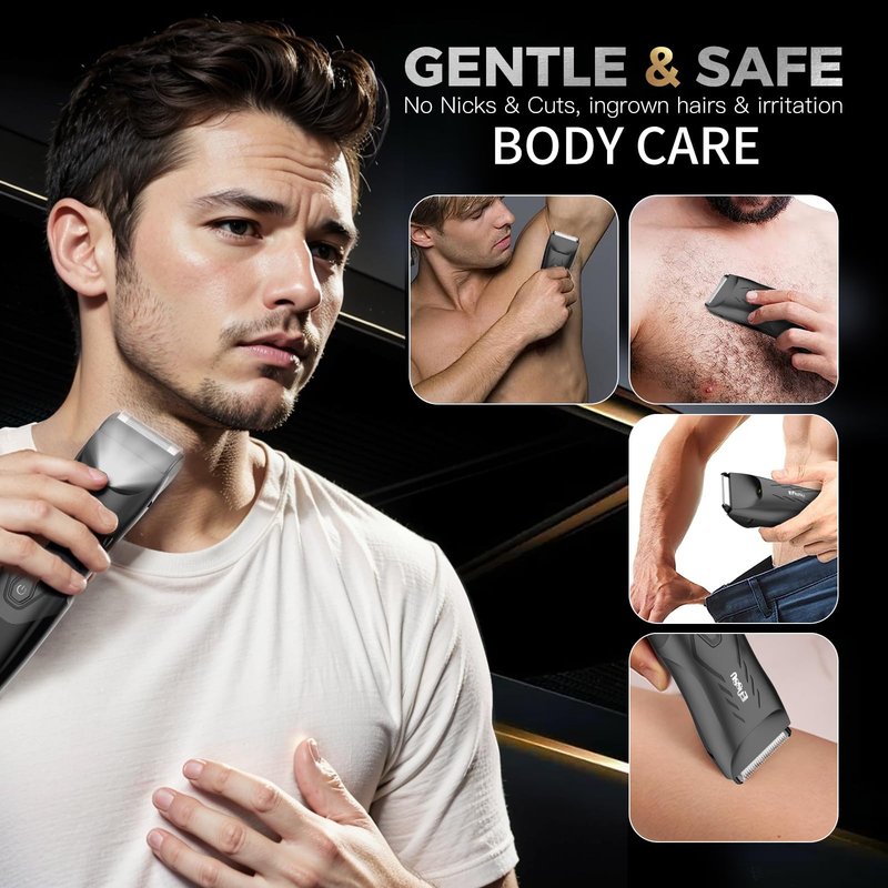 LEMULEGU Men Hair Trimmer with Dual-Blades,Electric Waterproof Body Grooming Shaver,Painless Quiet Hygiene Razor with Standing Charging Dock Black