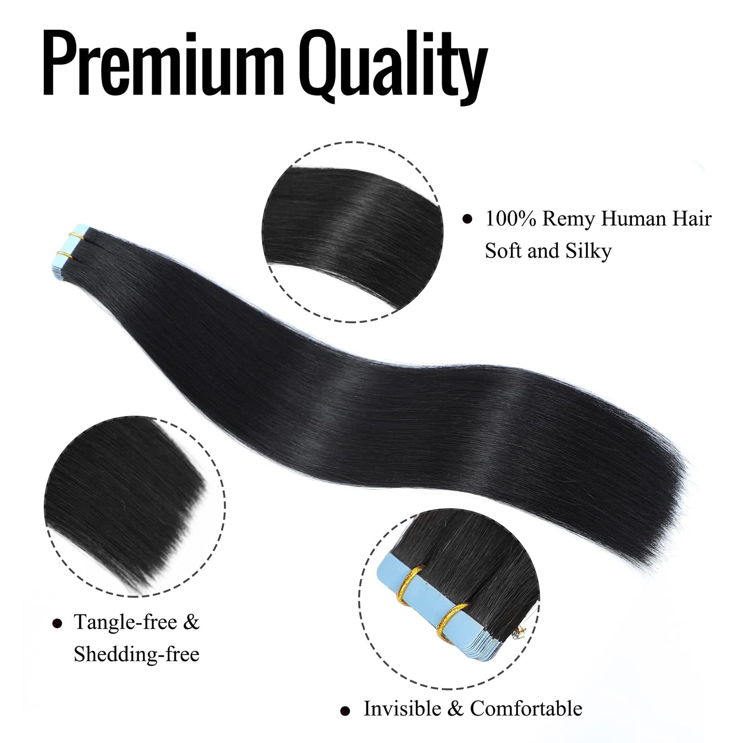JESSBO Tape in Hair Extensions Human Hair Straight Natural Black 100% Remy Human Hair 20 inch 20pcs 50g/pack Seamless Skin Weft Tape in Extensions for Women (20 Inch #1B Natural Black)