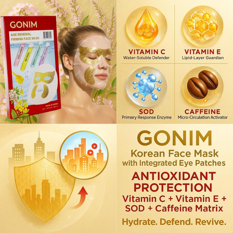 GONIM Korean Face Mask with Integrated Eye Patches with PDRN, Caffeine, Retinol, Collagen Face Mask, Hydrating Face Masks, Hyaluronic Acid Serum Sheet Mask Korean Skin Care Anti Aging 35ml/1.18ozx4