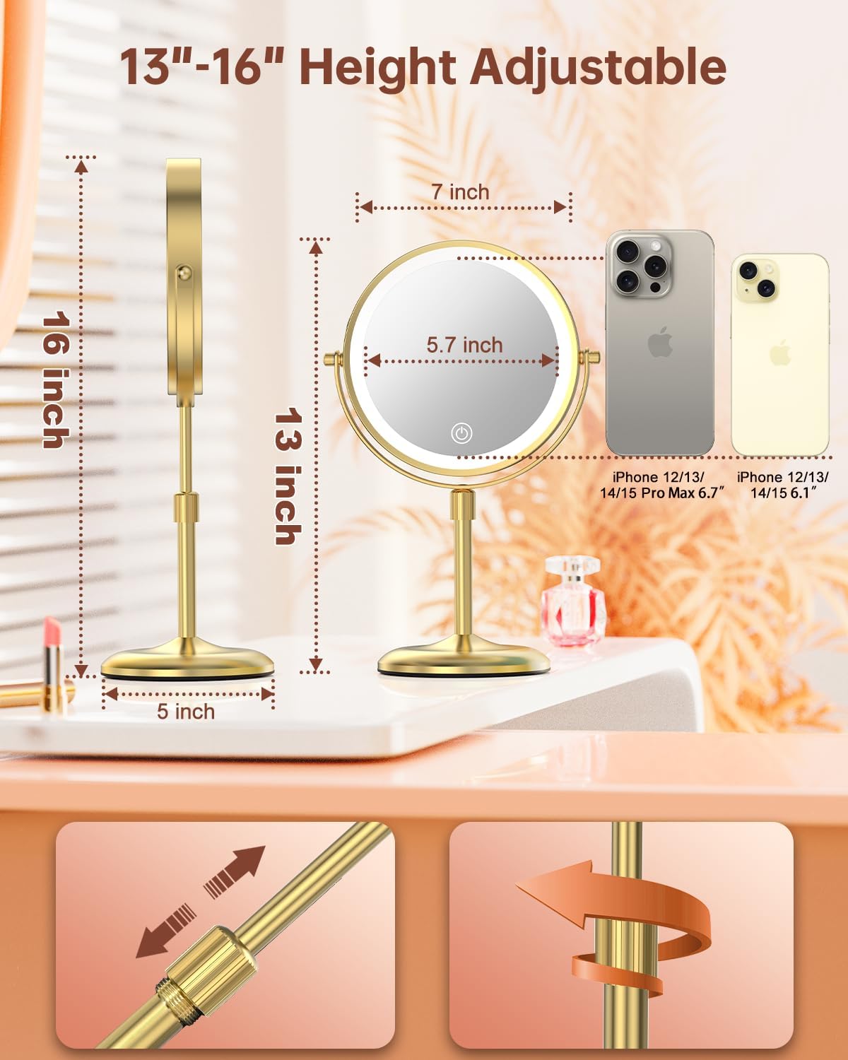 Lighted Makeup Mirror - 7-Inch with 3 Color Lights & 10X Magnification | Adjustable Brightness & Height, 360° Swivel, Gold