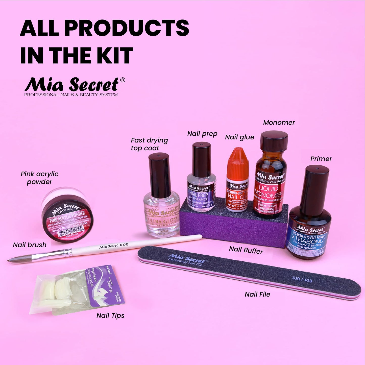 MIA SECRET Pink Acrylic Nail Kit - Full Kit With Powder, Liquid Monomer, Primer, Glue, Top Coat, 20 Nail Tips, Brush, Emery Block, File