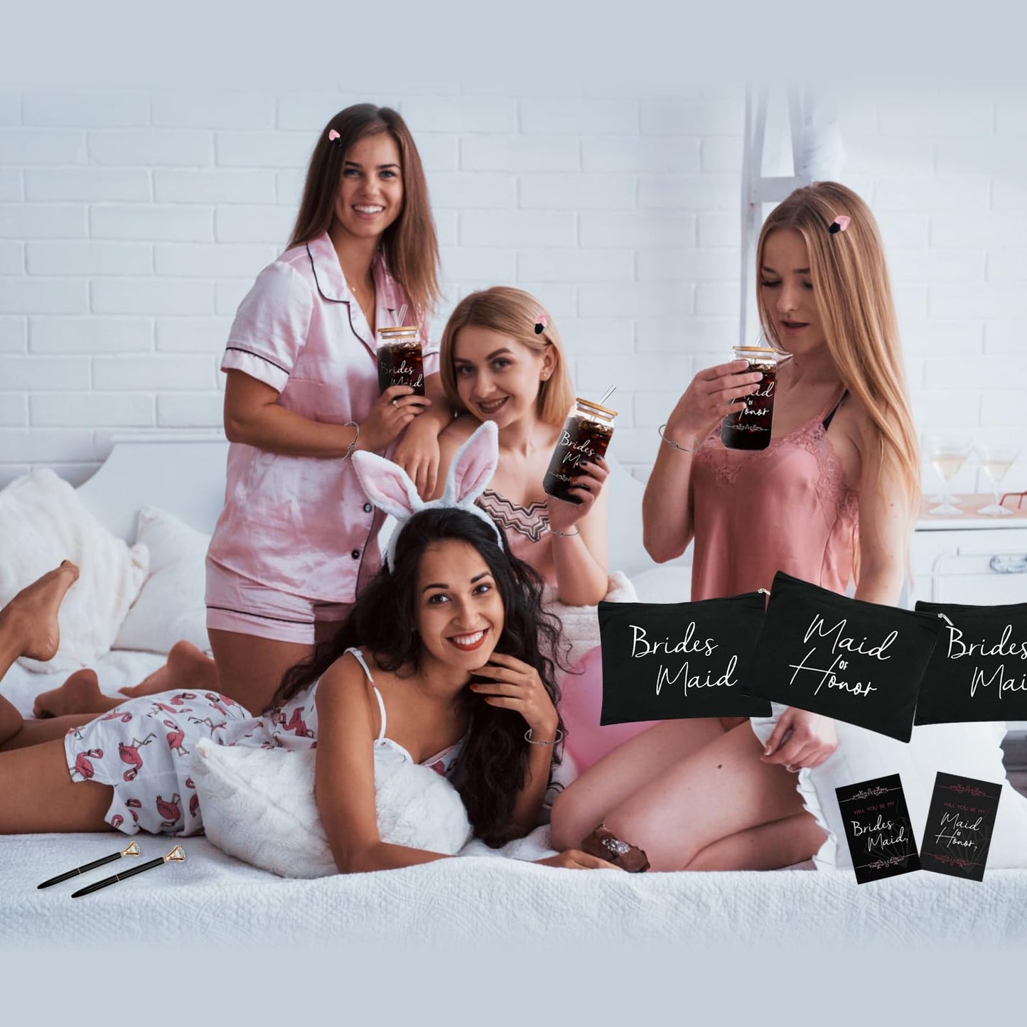 KIKINIKO 56 pcs Bridesmaid Gift Set, Pink: 16oz Glass Cups, Makeup Bags, Invitation Cards, Scrunchies, Hair Bracelets, Diamond Pens, Love Clips - Perfect for Bridesmaids or Special Occasions