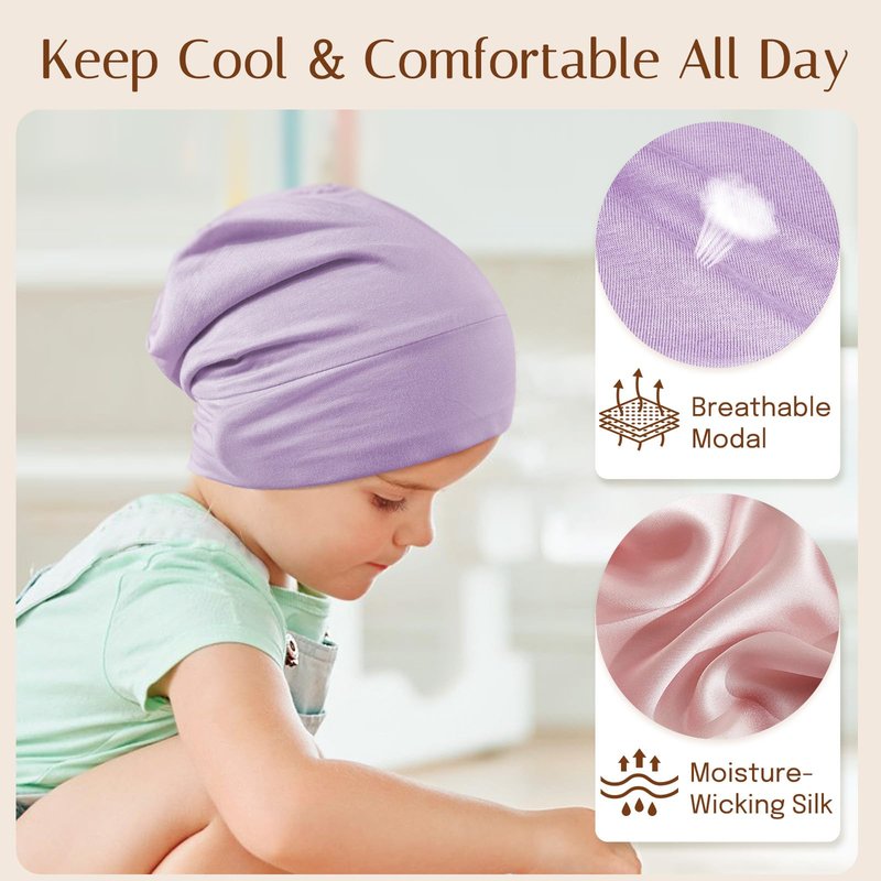 OLESILK Silk Baby Bonnet 6-12 Months: Modal Fabric, Mulberry Silk Lining,Anti-Frizz for Curly Hair, Adjustable Fit Growing Toddler Light Purple