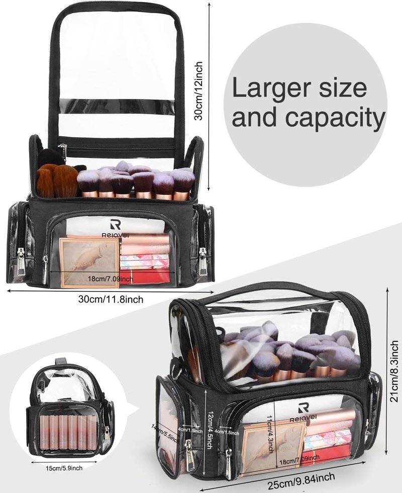 Clear Makeup Brush Case - Stand-Up Cosmetic Organizer for Professionals | Adjustable Divider & Strap - X-Large Black