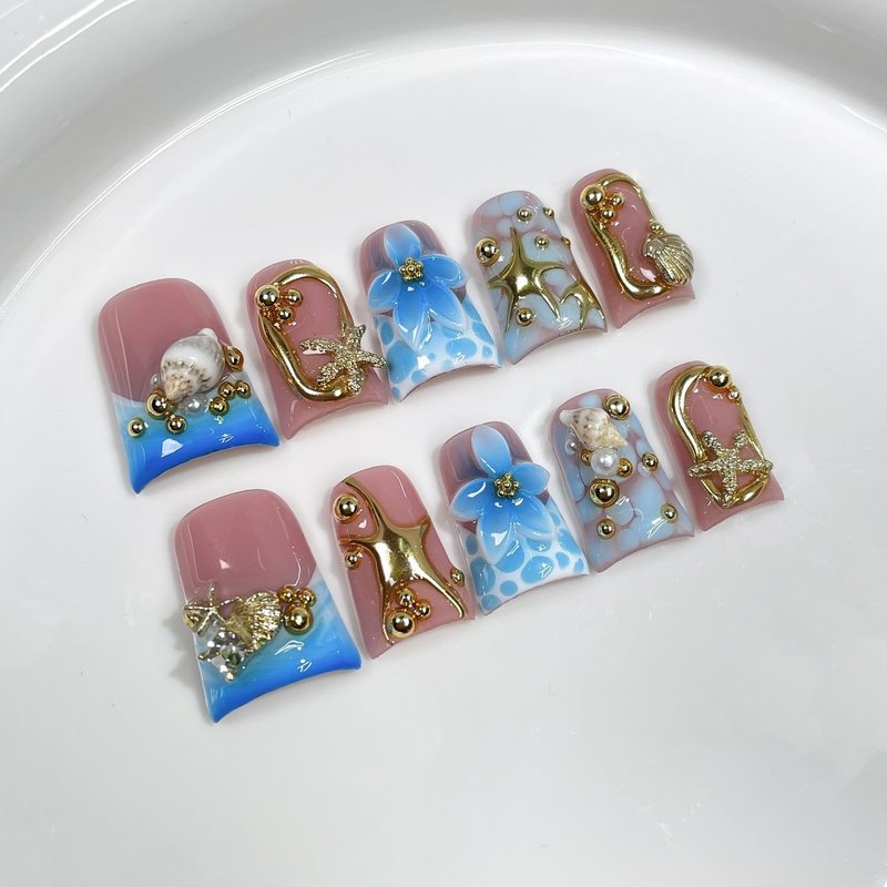 Handmade Press on Nails 3D Golden Starfish Shell Fake Nails Muti-Layer Gel Acrylic Nail Blue Flower Embossed False Nails Reusable Manicure Art Full Cover Short Duck Stick on Nail for Women（S)