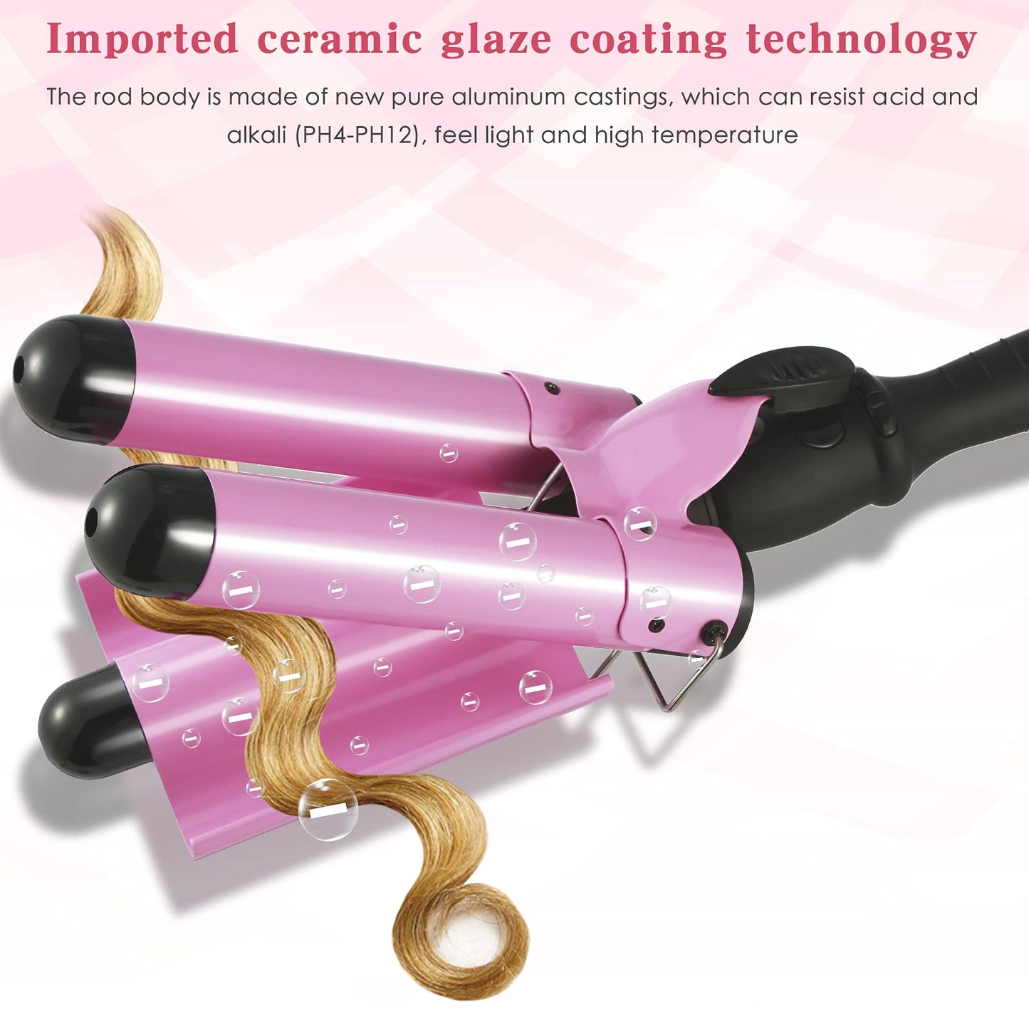 SOMOYA 3 Barrel Curling Iron, 1 Inch Hair Waver with LCD Display, Temperature Adjustable Ceramic Beach Hair Waver Wand for Women (1.26Inch, Pink)