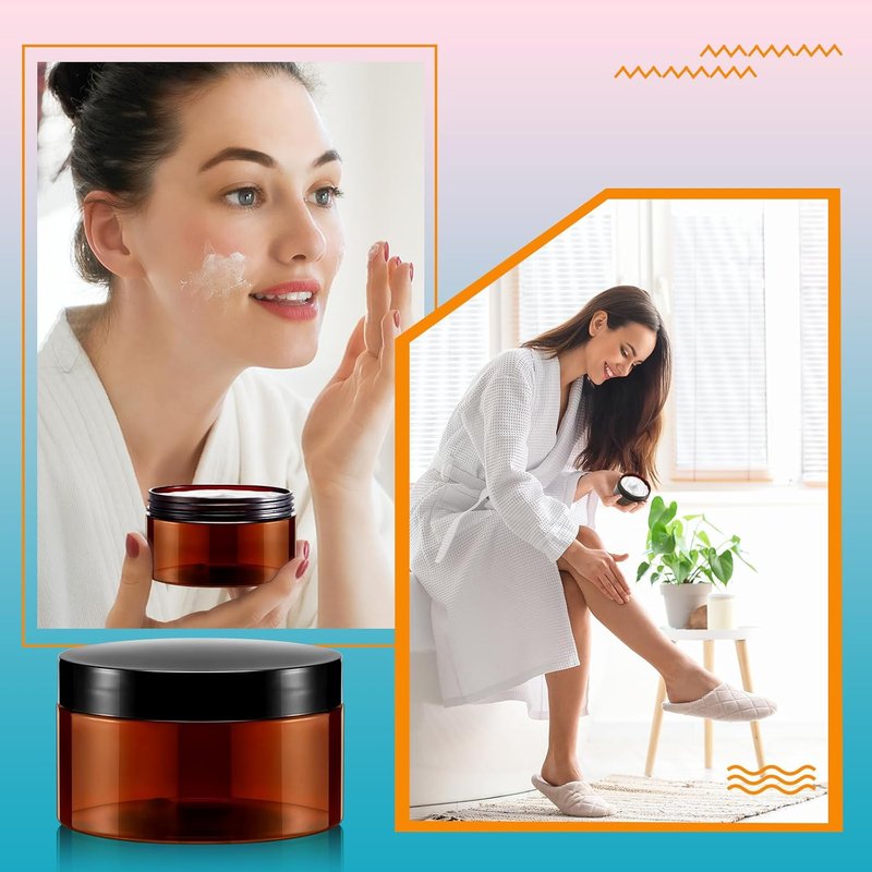 24 Pcs 8 oz Amber Plastic Jar Containers - Refillable Round PET Jars for Lotion, Cream, Makeup Storage | Ideal for Travel