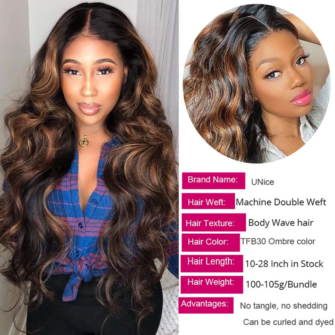 UNice Ombre Brown Highlight Body Wave Human Hair Weave 1 bundle 10 inch, Brazilian Remy Hair Dark Root Blonde Human Hair Weaves Extension Piano Color TFB30