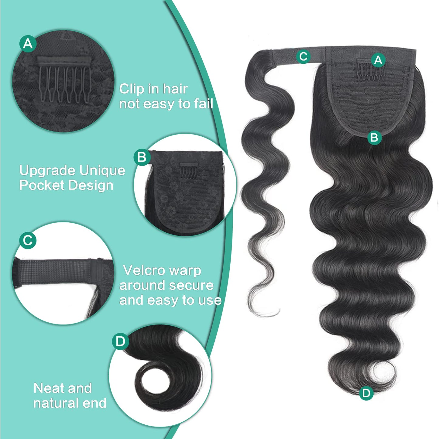 Humistwbiu Human Hair Body Wave Ponytail with Magic Paste Warp Around 100% Brazilian Virgin Human Hair Ponytail for Black Women Natural Color 18 Inch