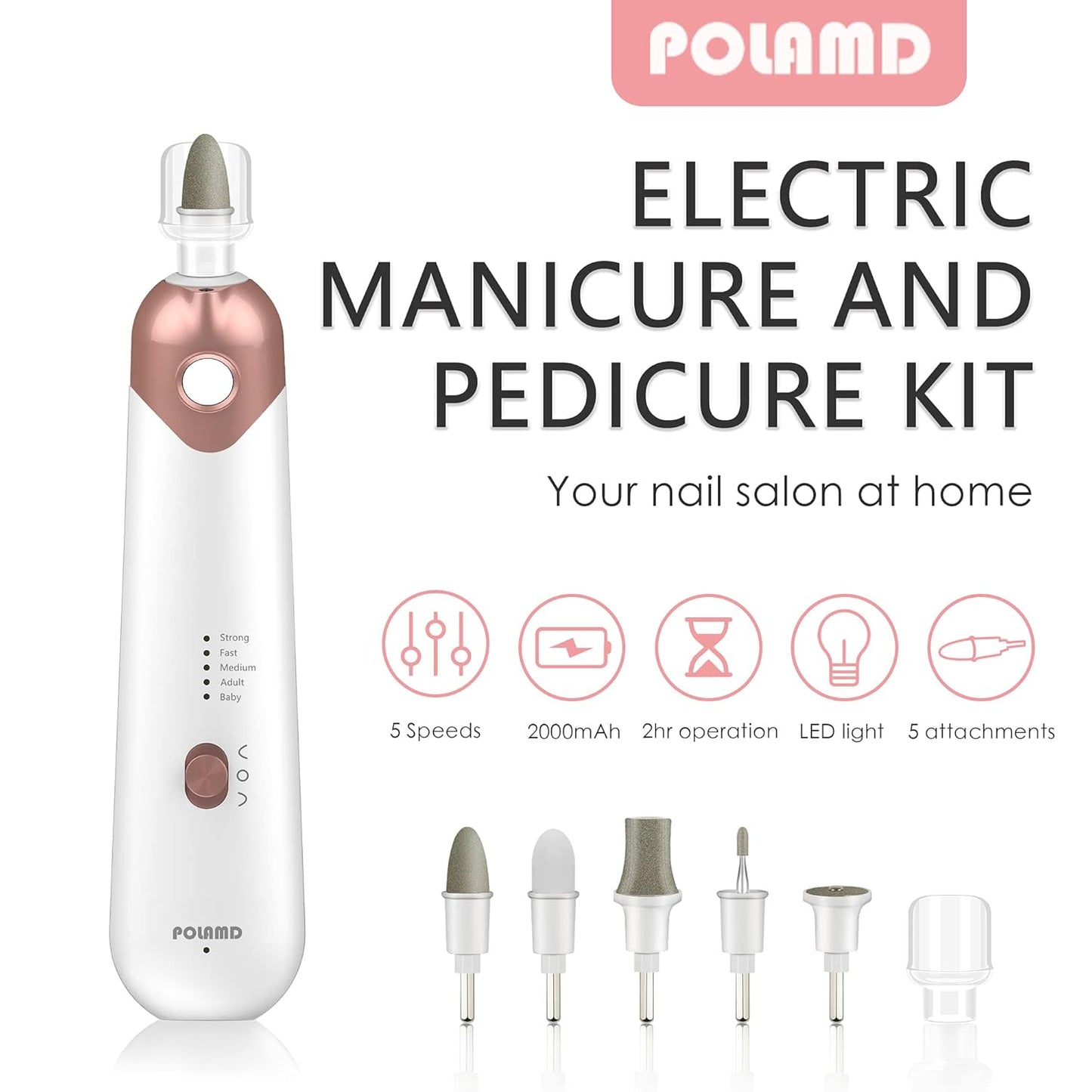 Electric Nail File Set - Professional Manicure Pedicure Kit | Cordless 5-Speed Drill for Hand & Foot Care (White)
