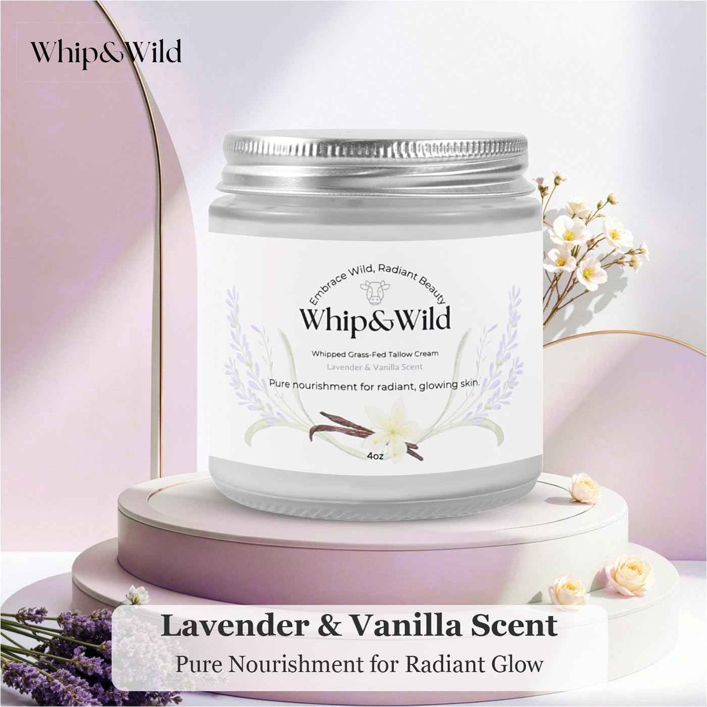 Whip & Wild 100% Grass Fed Beef Tallow for Skin Care Face + Body - Whipped Moisturizer for Sensitive Skin - Natural Lotion, 4 FL. oz. Lavender Vanilla Scent