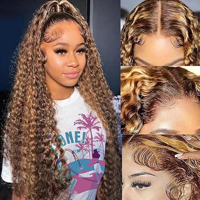 13x4 Highlight Ombre Deep wave Lace Front Wigs Human Hair for Black Women P4/27 Colored HD Transparent Honey Blonde Curly Lace Frontal Wigs Pre Plucked 180 Density with Baby Hair 28inch