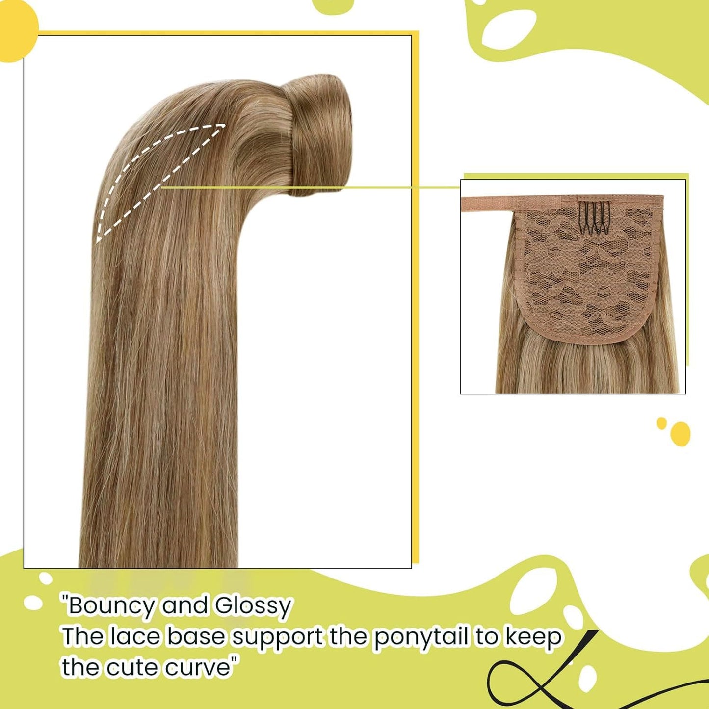 RUNATURE Human Hair Ponytail Extension Blonde Ponytail Hair Extension Dark Blonde Highlight Caramel Blond Short Ponytail Human Hair Extensions Straight Pony Tails Hair Extension 12 Inch 70g
