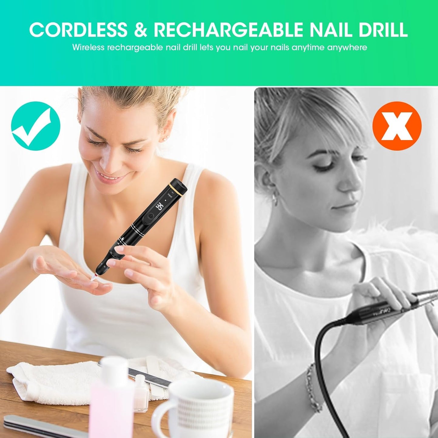 Cordless Nail Drill - 35000RPM Rechargeable Electric Nail File Kit for Acrylic Gel Nails | Professional Manicure & Pedicure Tool