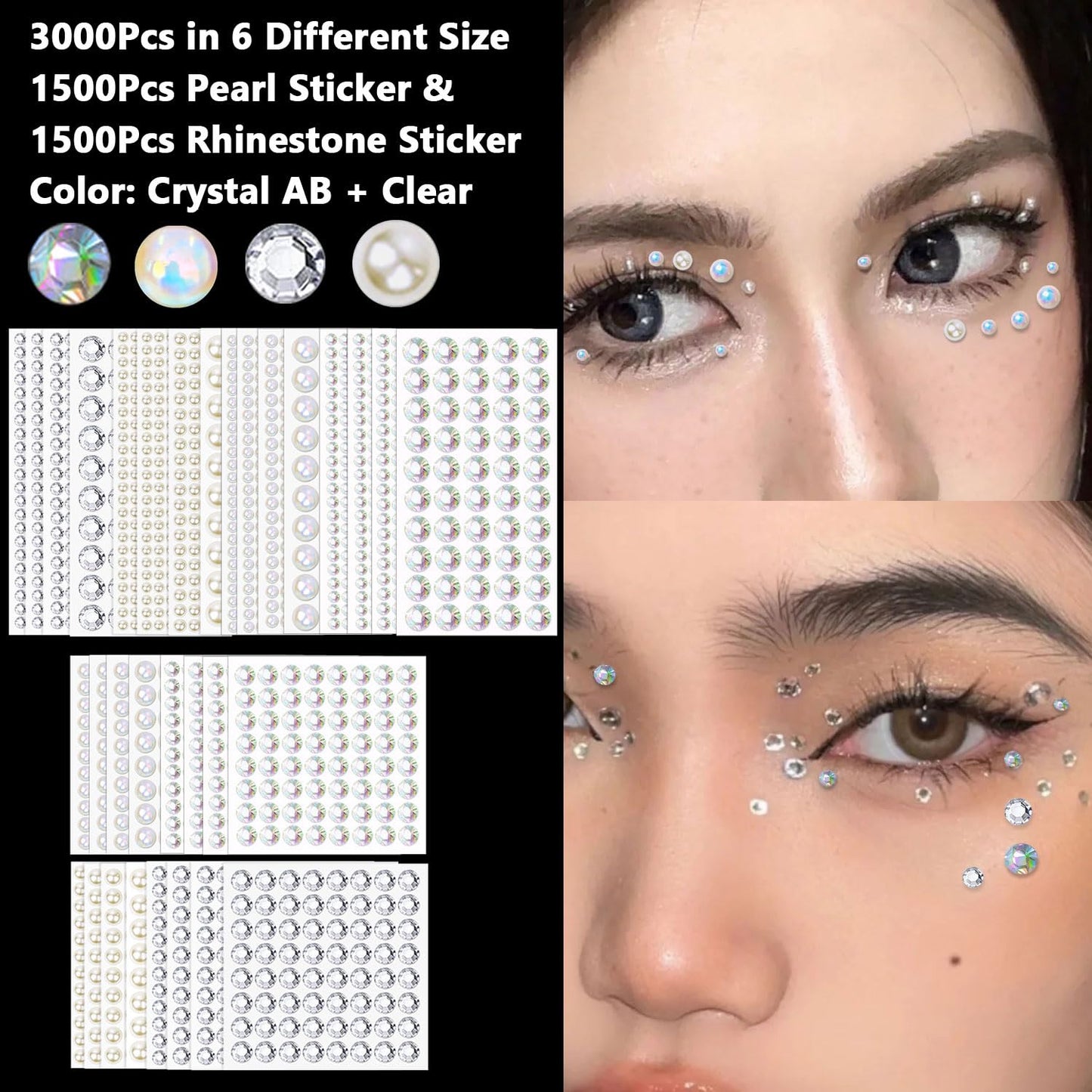 Unixing 3000Pcs Self Adhesive Pearls and Rhinestones Stickers, Stick on Rhinestone Hair Pearl Diamond Stickers Self Adhesive Face Gems Hair Gems for Face Makeup Nail Art Cell Phone DIY Crafts
