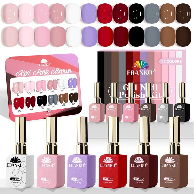 EBANKU 12 Pcs Gel Nail Polish Set, 15ML Same Color Same Bottle Red Pink Nude Brown Fall Soak Off Gel Nail Polish Kit Nail Art Manicure Gifts for Women