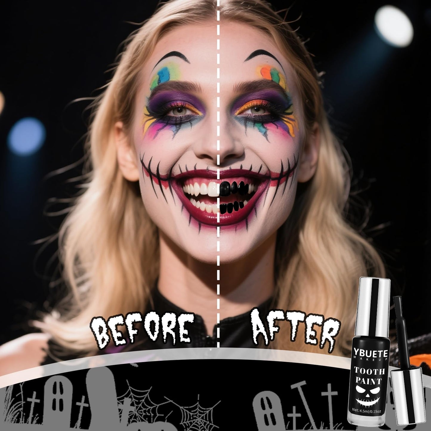 YBUETE Professional Halloween Black Tooth Paint, Temporary Black Tooth Paint，Decayed Rotten Cruddy Missing Teeth Makeup, Perfect for Cosplay, Halloween Makeup, Theater, Costume Party