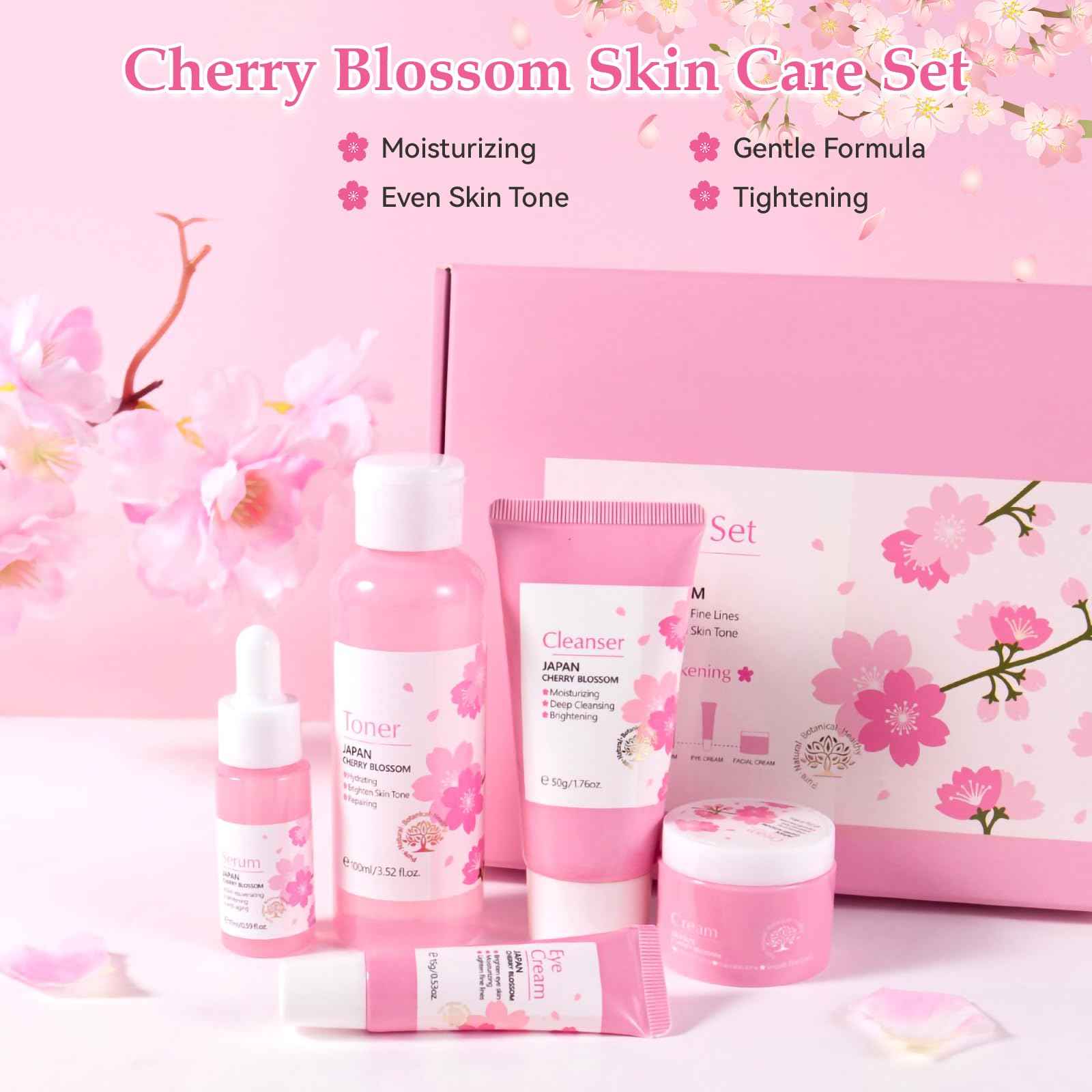 Sakura Skincare Set, Sakura Skin Care for Teens 10-12, Gentle Moisturizing Face Care Kit with Cleanser, Toner, Serum, Eye Cream & Cream, Travel Size Facial Kit for Women Girls