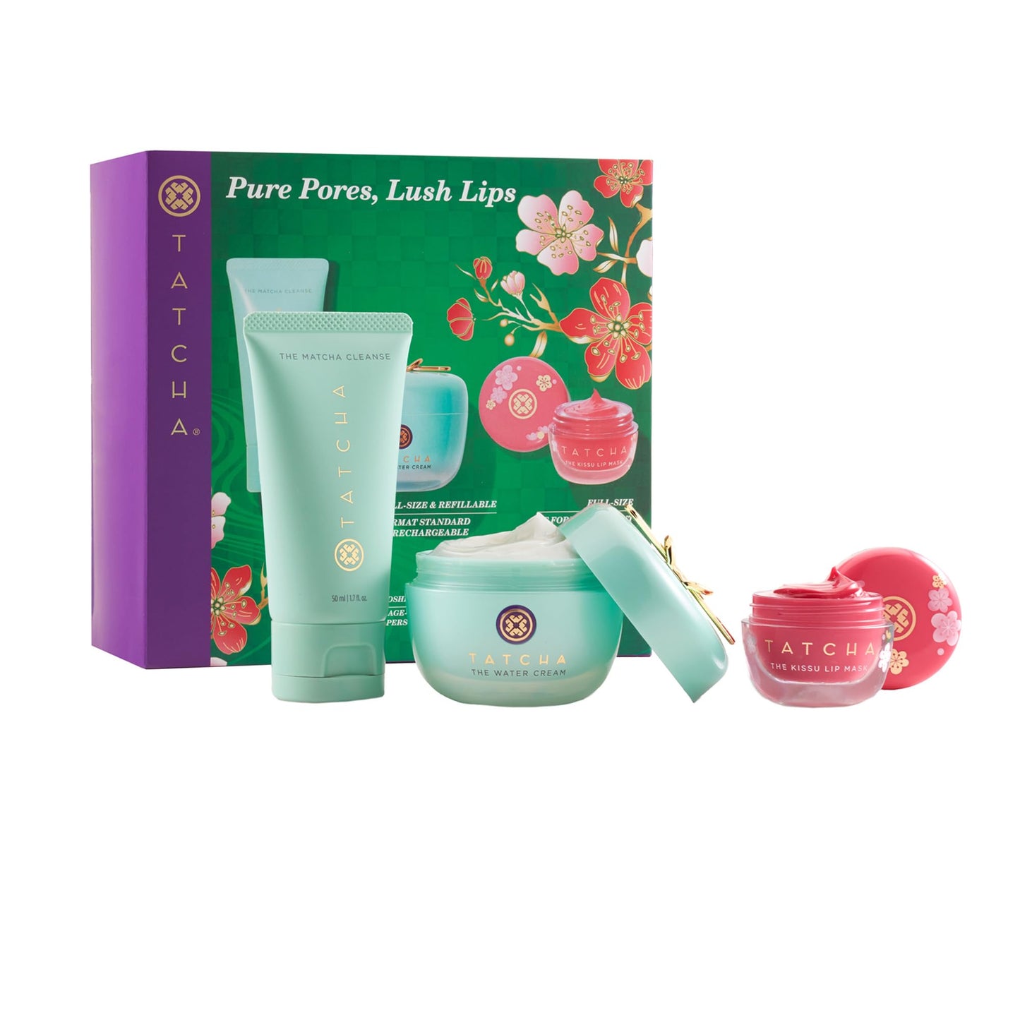 TATCHA Pure Pores, Lush Lips Set | The Matcha Cleanse, The Water Cream, & The Limited-Edition Kissu Lip Mask: Plum Blossom ($119 value)