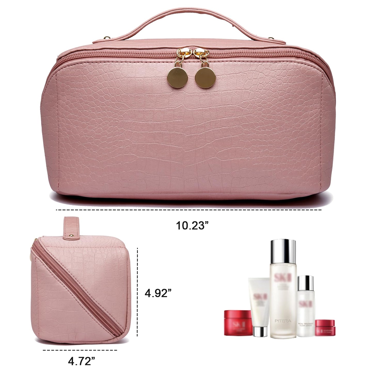 Yomiky Large Capacity Travel Cosmetic Bag, Portable Leather Makeup Bags for Women, Travel Toiletry Bag Waterproof Leather Makeup Organizer Bag, Roomy Cosmetic Bag for Women and Girls
