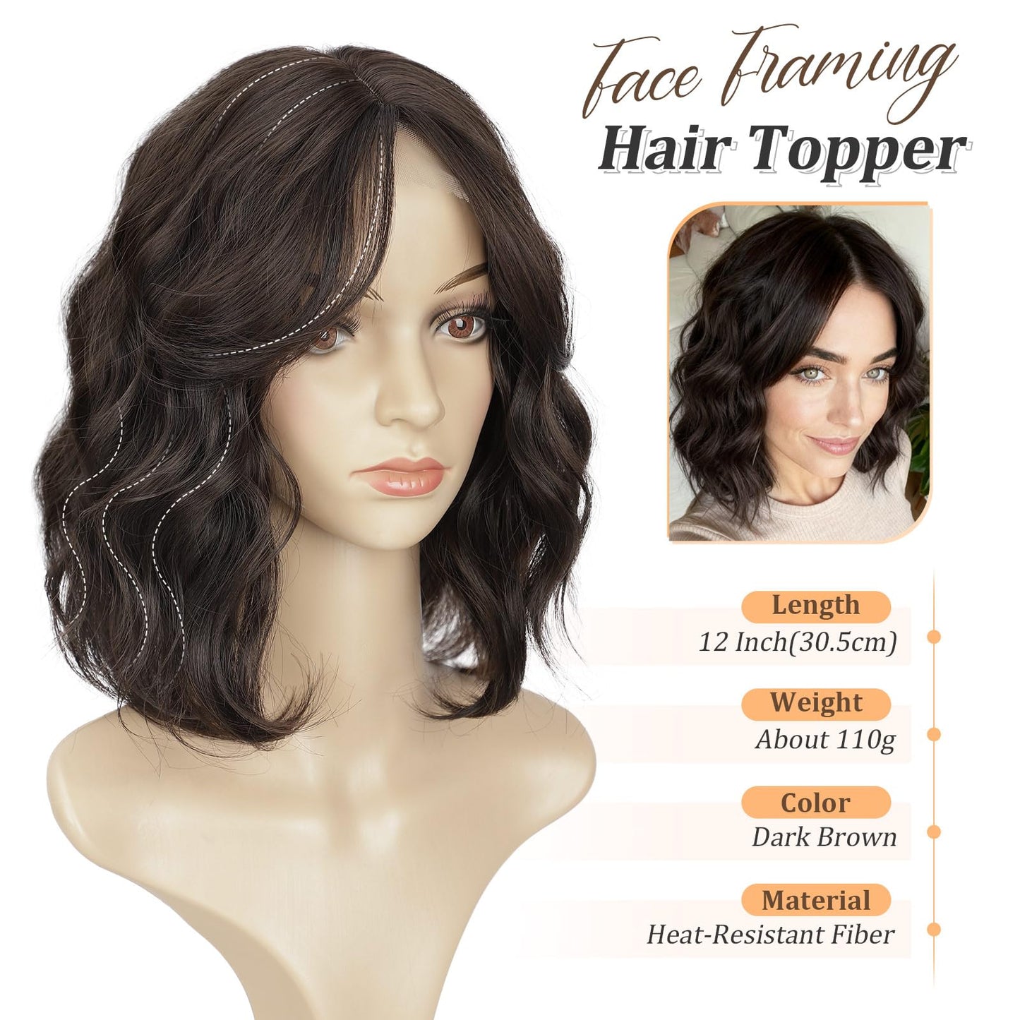 Lommel Short Wavy Hair Toppers for Women 12 Inch Hair Topper with Thinning Hairs Natural-Looking Wiglett Lightweight & Add Volume Hairpiece for White Roots Cover for Daily(Dark Brown)