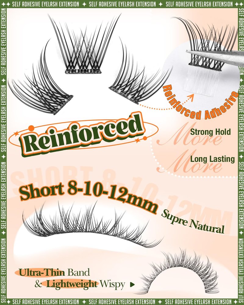 Short Self Adhesive Lash Clusters 8-10-12mm Natural Self Adhesive Eyelashes Pre Glued Individual Cluster Eyelash Extension Ultra-Thin Band Glueless Lashes Wispy No Glue Needed for Clean Beauty